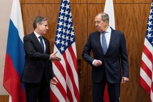 U.S. Secretary of State Antony Blinken greets Russian Foreign Minister Sergei Lavrov