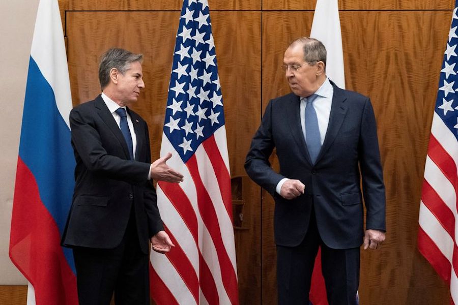 U.S. Secretary of State Antony Blinken greets Russian Foreign Minister Sergei Lavrov
