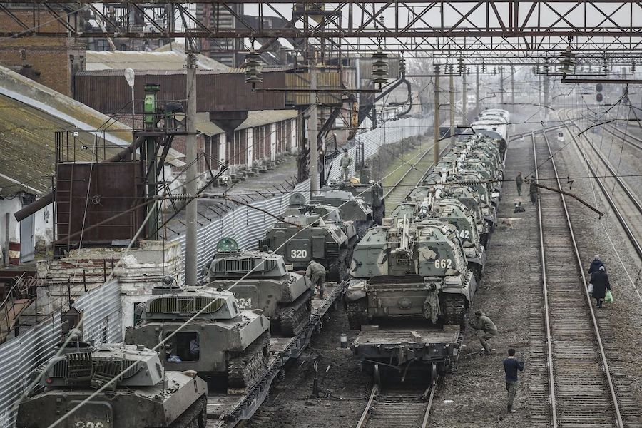 Russian armored vehicles Wednesday at the railway station in Rostov
