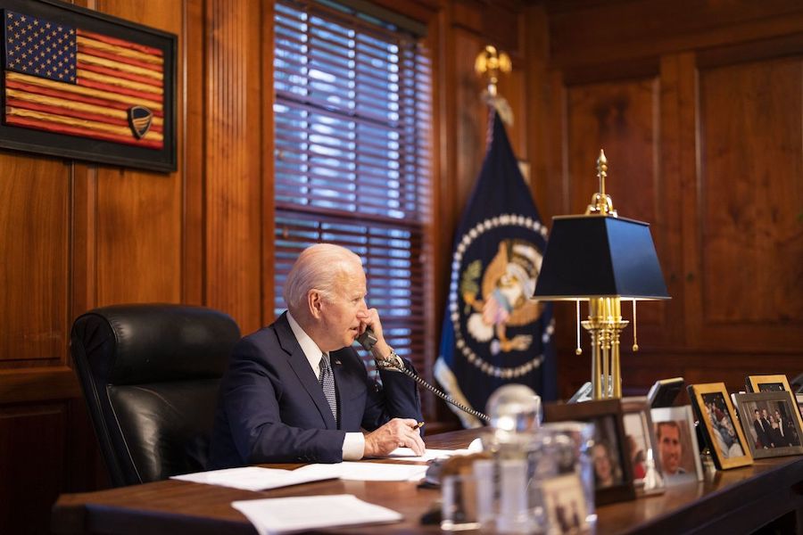 President Biden speaks with Russian President Vladimir Putin from his private residence in Wilmington, Del., on Dec. 30, 2021