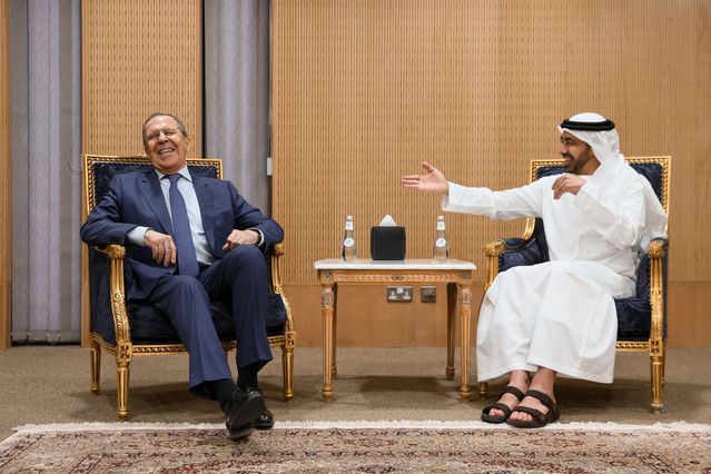 Russia's Foreign Minister Sergei Lavrov meeting with his United Arab Emirates counterpart, Sheikh Abdullah bin Zayed Al Nahyan
