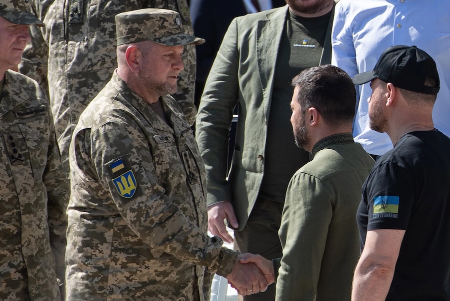 Ukrainian President Volodymyr Zelensky shakes the hand of Commander-in-Chief of the Armed Forces of Ukraine Valerii Zaluzhny