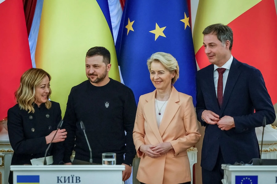 Meloni with President Volodymyr Zelensky of Ukraine; Ursula von der Leyen, president of the European Commission; and Prime Minister Alexander De Croo of Belgium in Kyiv копія