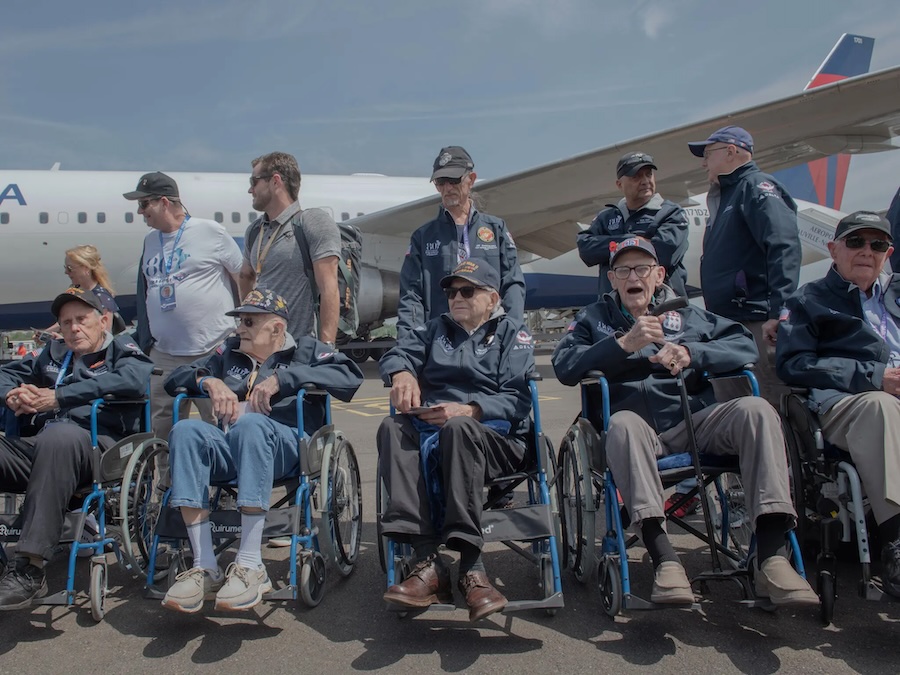 Veterans arriving at an airport in Deauville, France, on Monday, ahead of the 80th anniversary of D-Day
