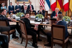 President Volodymyr Zelensky of Ukraine meeting with President Trump and European leaders at the White House